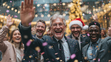 Diverse staff celebrating at festive holiday party with confetti and christmas decorations, new year concept