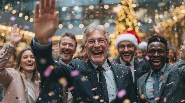 Diverse staff celebrating at festive holiday party with confetti and christmas decorations, new year concept - Powered by Adobe