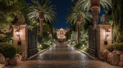 Rich mansion entrance illuminated by warm lights with palm trees lining cobbled pathway at night