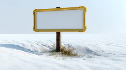 Large white sign is standing in the snow. The sign is surrounded by a frame. Concept of solitude and tranquility