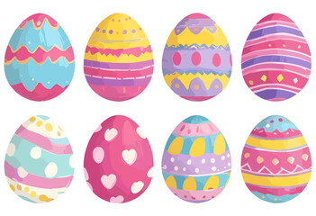 Set of eight colorful vector Easter eggs with various decorative patterns like stripes, hearts, and dots, painted in a vibrant artistic style on a white background