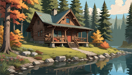 Scenic vector illustration of a rustic wooden log cabin nestled by a calm lake with reflection, surrounded by pine trees, blooming wildflowers, and snowy mountain peaks under a blue sky
