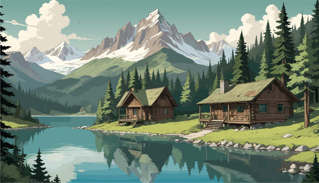 Scenic vector illustration of two rustic wooden cabins by a turquoise glacial lake, with reflections, surrounded by dense pine forest and majestic snow-capped mountain peaks under a cloudy sky