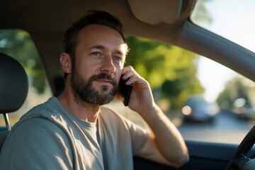 Man talking on phone while driving in car