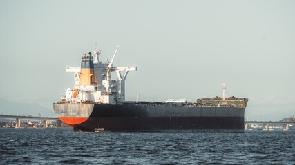 Massive cargo vessel captured with a telephoto lens, showcasing its towering superstructure,...