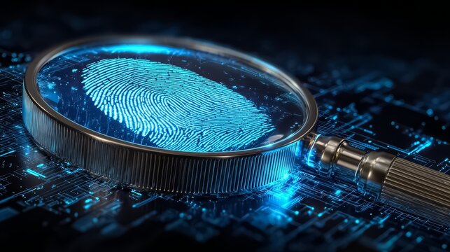 Magnifying glass is used to look at a fingerprint. The fingerprint is blue and has a unique pattern - Powered by Adobe