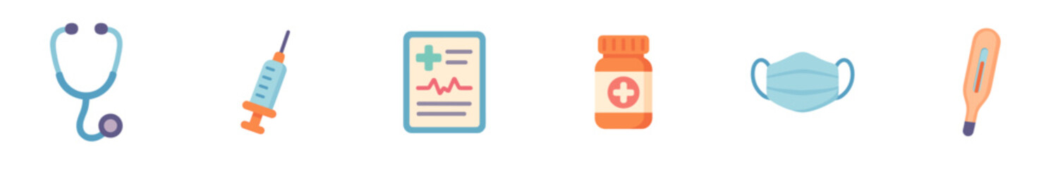 Fototapeta premium Six vibrant medical healthcare icons, featuring a stethoscope, syringe, chart, pill bottle, mask, and thermometer, are presented in a clean, modern, and friendly flat design style