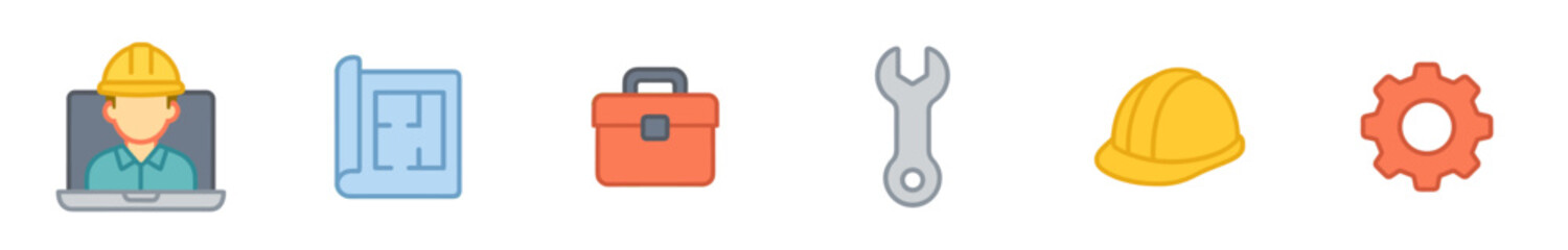 Six colorful flat design construction and engineering icons, depicting an engineer on a laptop, a blueprint, a toolbox, a wrench, a hard hat, and a gear, rendered with a clean, modern aesthetic