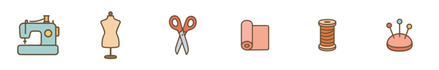 Collection of six colorful sewing and tailoring icons, featuring a sewing machine, dress form, scissors, fabric roll, thread spool, and pincushion, rendered in a charming flat vector style