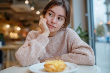 Thoughtful young woman in cozy cafe