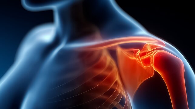 Person's arm is shown in red and blue, with the red representing pain and the blue representing the bones