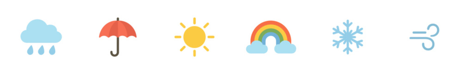 Six colorful weather forecast icon symbols representing various atmospheric conditions like rain, sun, wind, and snow, depicted in a clean, modern flat design style