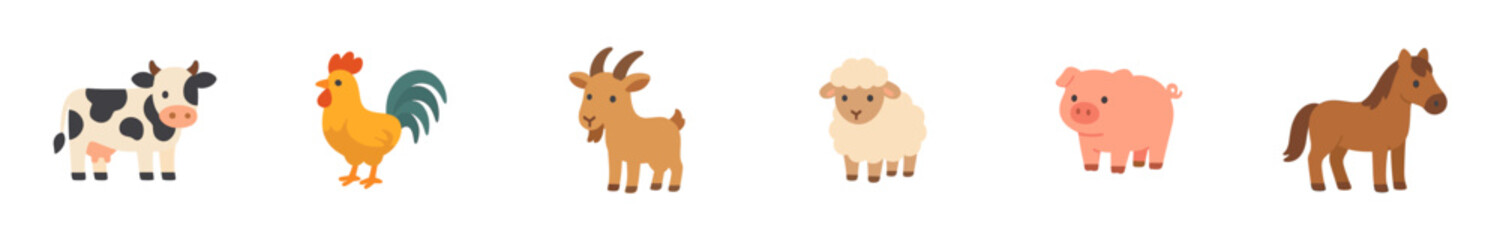 Six cute cartoon farm animals including a cow, rooster, goat, sheep, pig, and horse are depicted in a cheerful, colorful, and simple flat design style