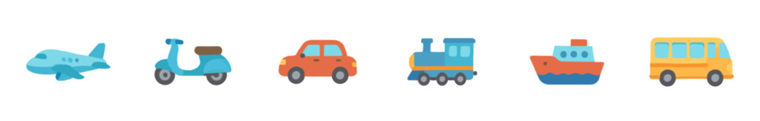 Six colorful cartoon transportation vehicles are neatly arranged in a horizontal row, showcasing an airplane, scooter, car, train, ship, and bus with a cheerful, simple flat illustration style
