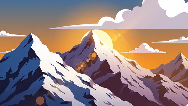 Warm backlight strikes crest tips in a vector illustration animation of snowy mountains mid daylight 200