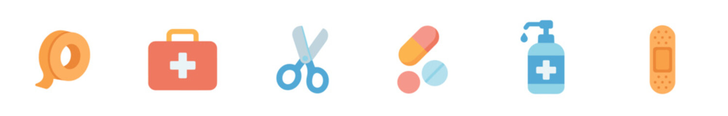 Obraz premium Collection of colorful medical and first aid supplies are neatly arranged in a horizontal row, featuring essential items for health and safety in a clean, illustrative style