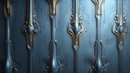 Series of metal rods with gold accents, creating a futuristic and industrial look. The rods are arranged in a row