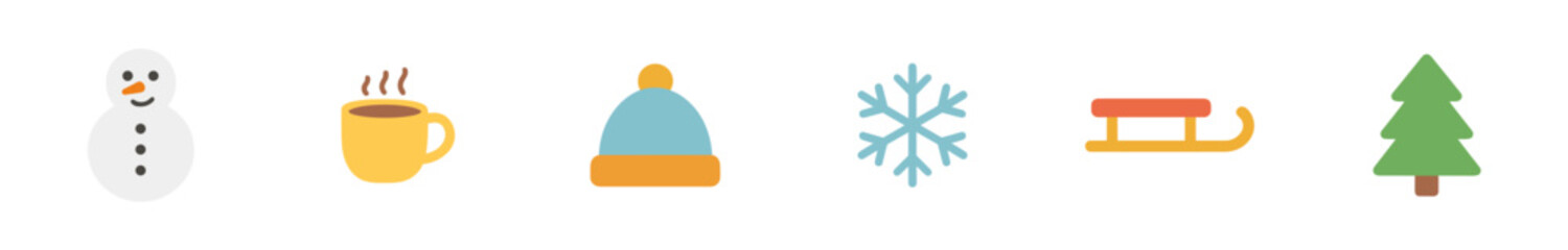 Six colorful flat design winter themed icons including a snowman, hot drink, cozy hat, snowflake, sled, and a festive pine tree, presented in a cheerful, minimalist style