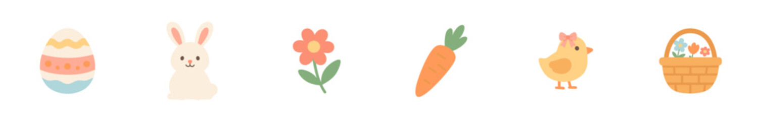 Obraz premium Six cute flat Easter spring icons depicting a decorated egg, a white bunny, a vibrant flower, a fresh carrot, a sweet chick with a bow, and a charming flower basket, in a cheerful, simple style