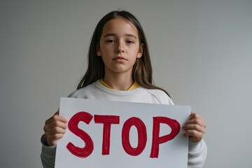 Young girl holding stop sign indoors