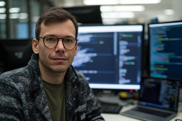 Programmer at work desk with coding screens