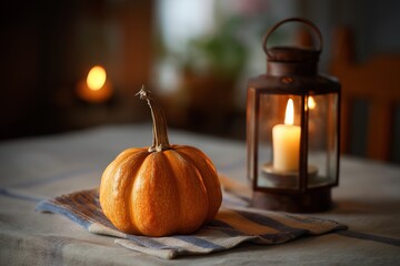 Pumpkin And Candle Lantern On Table