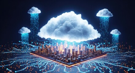 Digital city data flow from abstract clouds