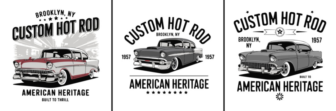 Custom hot rod illustration set featuring 1957 American heritage cars with retro typography for vintage automotive poster and apparel design