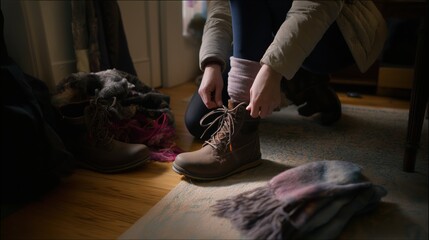 Person Tying Laces on Boots in Cozy Interior with Accessories Nearby