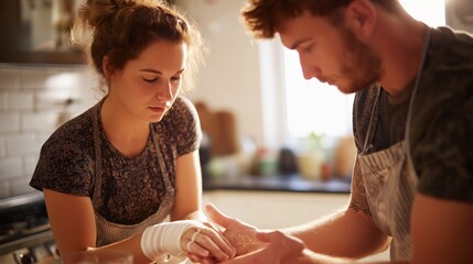 Young Couple Sharing Tender Moment in Kitchen with Bandaged Hand