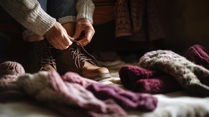 Cozy Autumn Scene with Warm Socks and Boot Lacing at Home