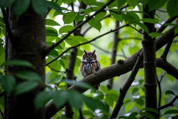 Fototapeta premium Hidden Owl Camouflaged Among the Leaves in a Forest Canopy from a Bird's Eye View
