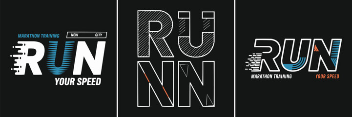 Dynamic run typography with marathon training theme and speed line accents on dark athletic background
