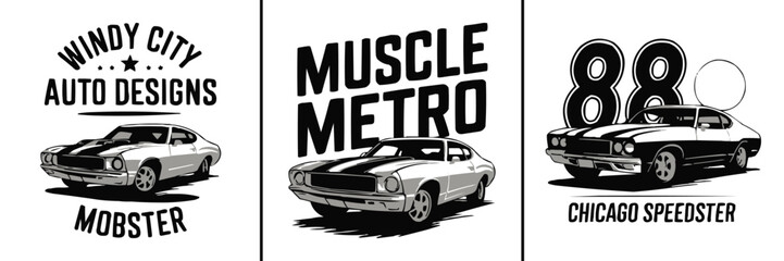 Classic muscle car illustration with bold retro typography and vintage automotive styling in monochrome design © Vectyx