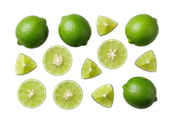 Vibrant dewy green whole, halved, and wedged limes with juicy pulp and seeds on a minimalist transparent background, flat lay. Concept of fresh produce advertising