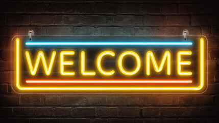 Bright neon welcome sign in a dark space