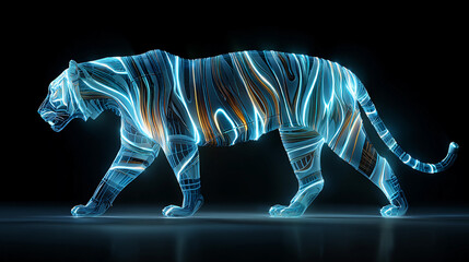 Digital tiger walking with light patterns in dark space