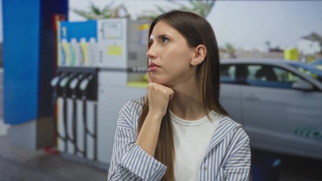 Young hispanic woman with hand on chin by fuel pump beside parked car at street petrol station; thinking.