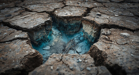 Dramatic hydrogeological instability with cracked earth and exposed rock formations