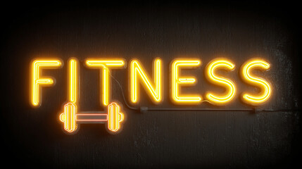 Bright neon sign with the word fitness featuring a dumbbell image