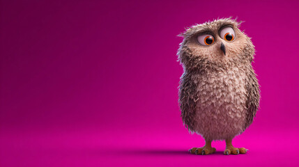 Fototapeta premium Cute owl stands on a pink background looking surprised