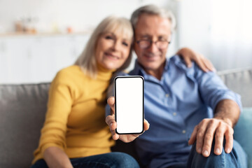 A happy couple sits close together on a couch in their cozy living room while the woman holds up a smartphone with a blank screen. They share smiles and warmth.