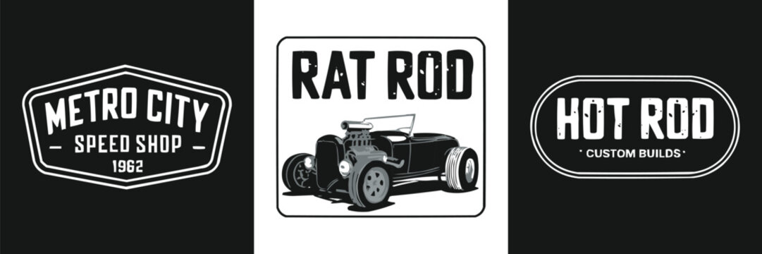 Hot rod and rat rod vintage speed shop badge set with classic custom car illustration and retro garage emblem design