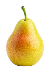 A single, perfectly ripe yellow pear with a vibrant green stem and subtle reddish blush speckles, isolated against a bright white background with copy space, concept of purity and natural beauty