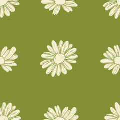 seamless vector pattern with chamomile flowers on a green background. floral design for fabric, packaging, wrapping paper, decor, and branding.