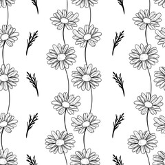 Seamless floral pattern with daisies arranged in vertical stripes and scattered black sprigs. Perfect for fabric, wrapping paper, stationery, and surface design.
