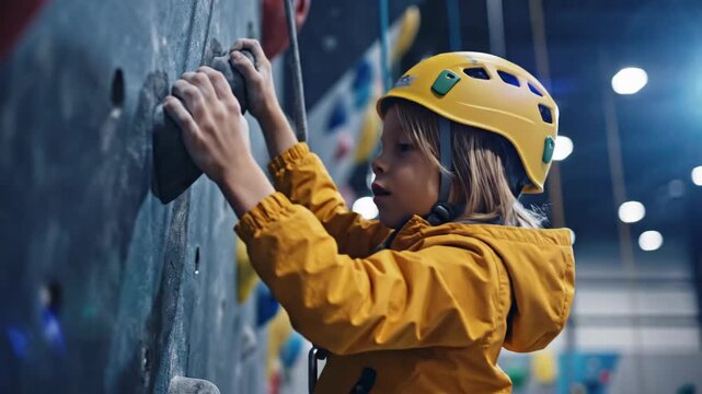 Young child in yellow helmet climbing an indoor rock wall focused on a challenging ascent