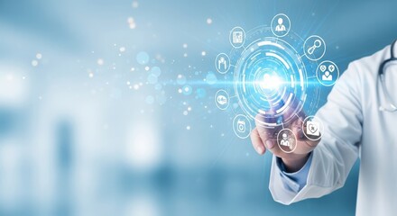 Doctor interacting with futuristic medical technology interface