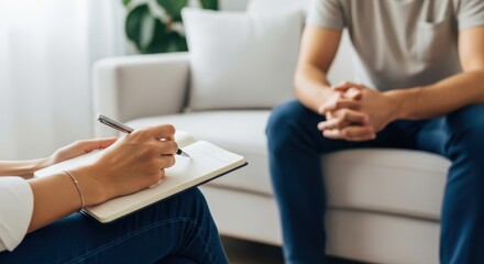 Therapist counseling patient, taking notes on couch