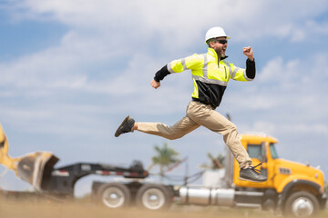 Supervisor jumping. Excited construction builder. Worker jumping at site. Professional occupation. Man engineer running to success. Builder man run fast to work. Engineer supervisor running outdoor